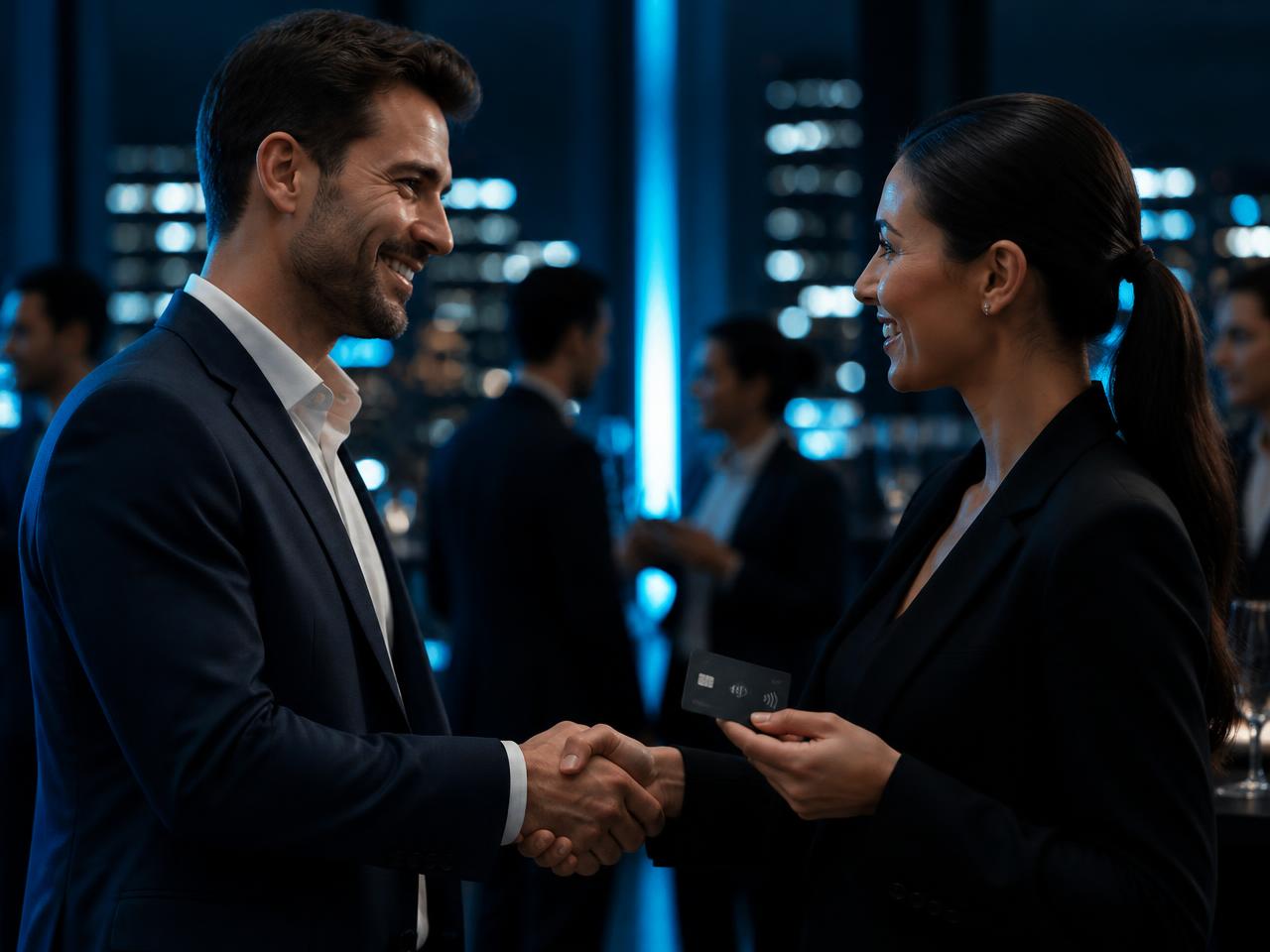 Dos profesionales intercambiando una tarjeta NFC en un evento de negocios