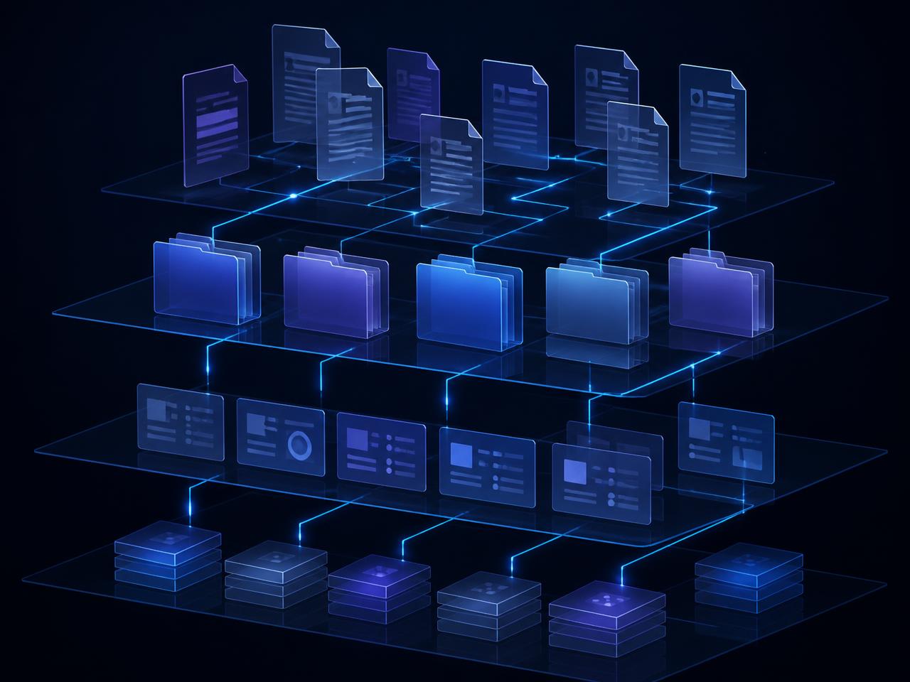 Documentos y datos organizados en capas conectadas