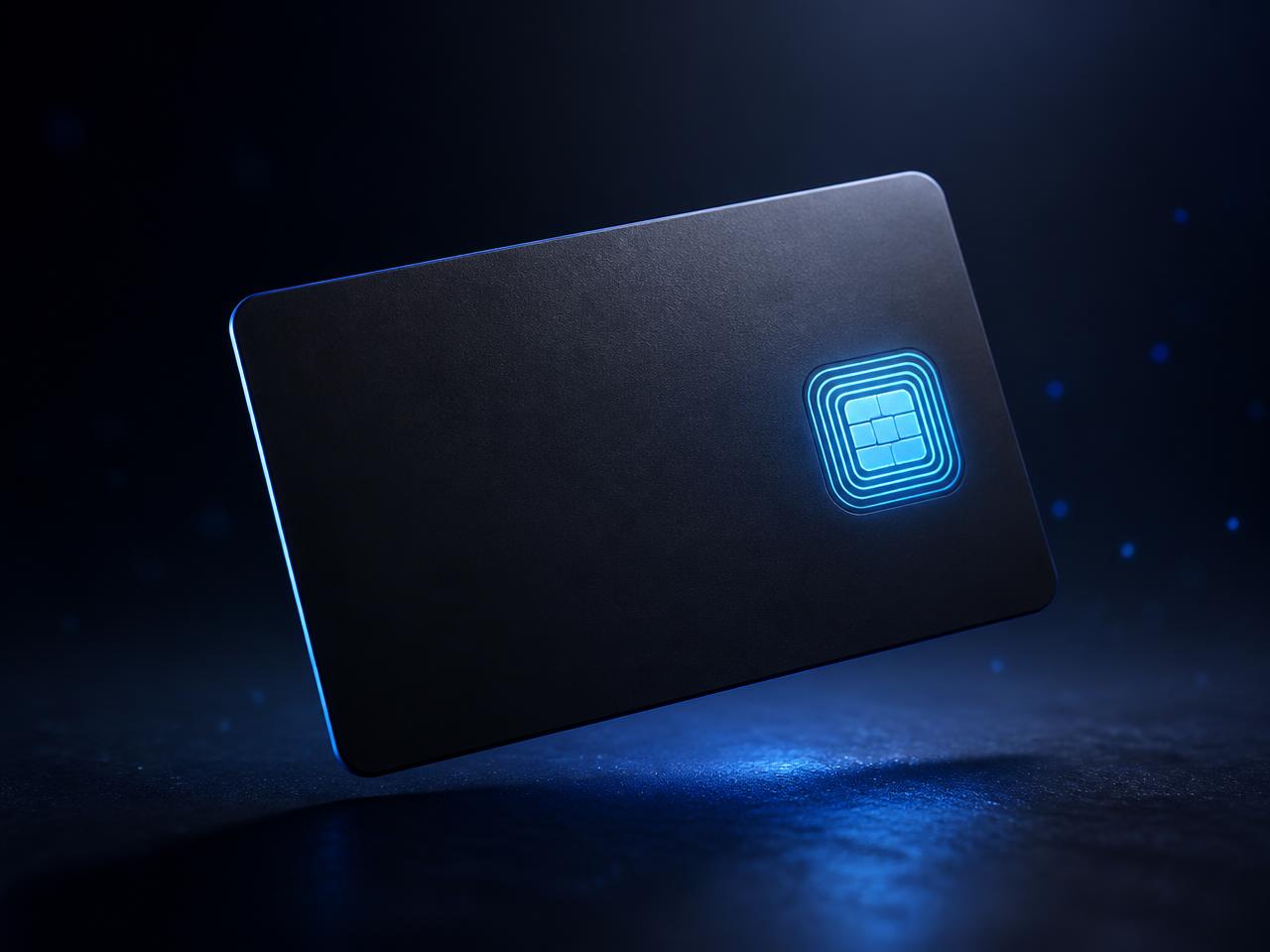 Tarjeta PVC premium con chip NFC brillando sobre fondo oscuro