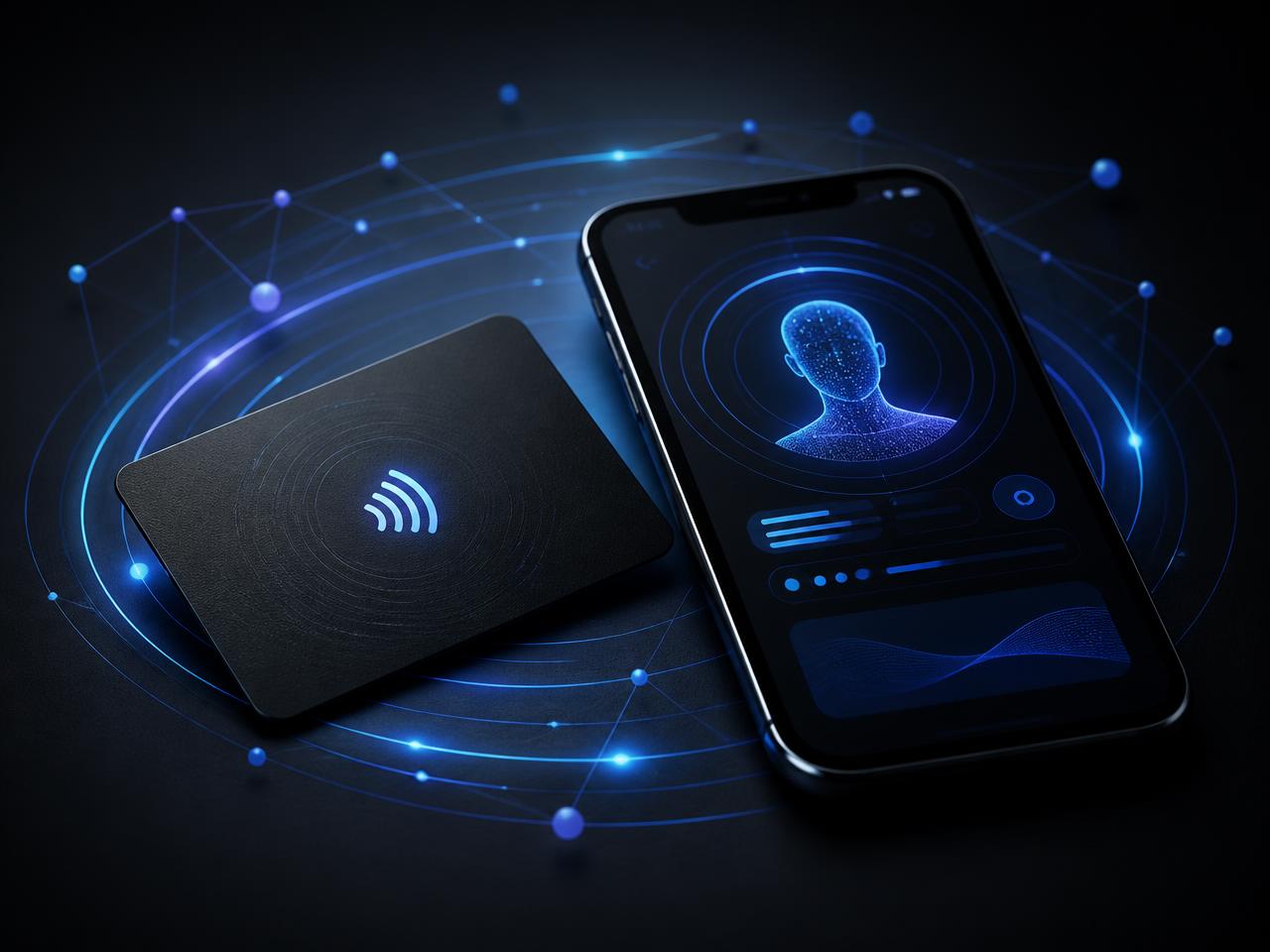 Tarjeta NFC junto a un móvil con perfil digital e inteligencia artificial